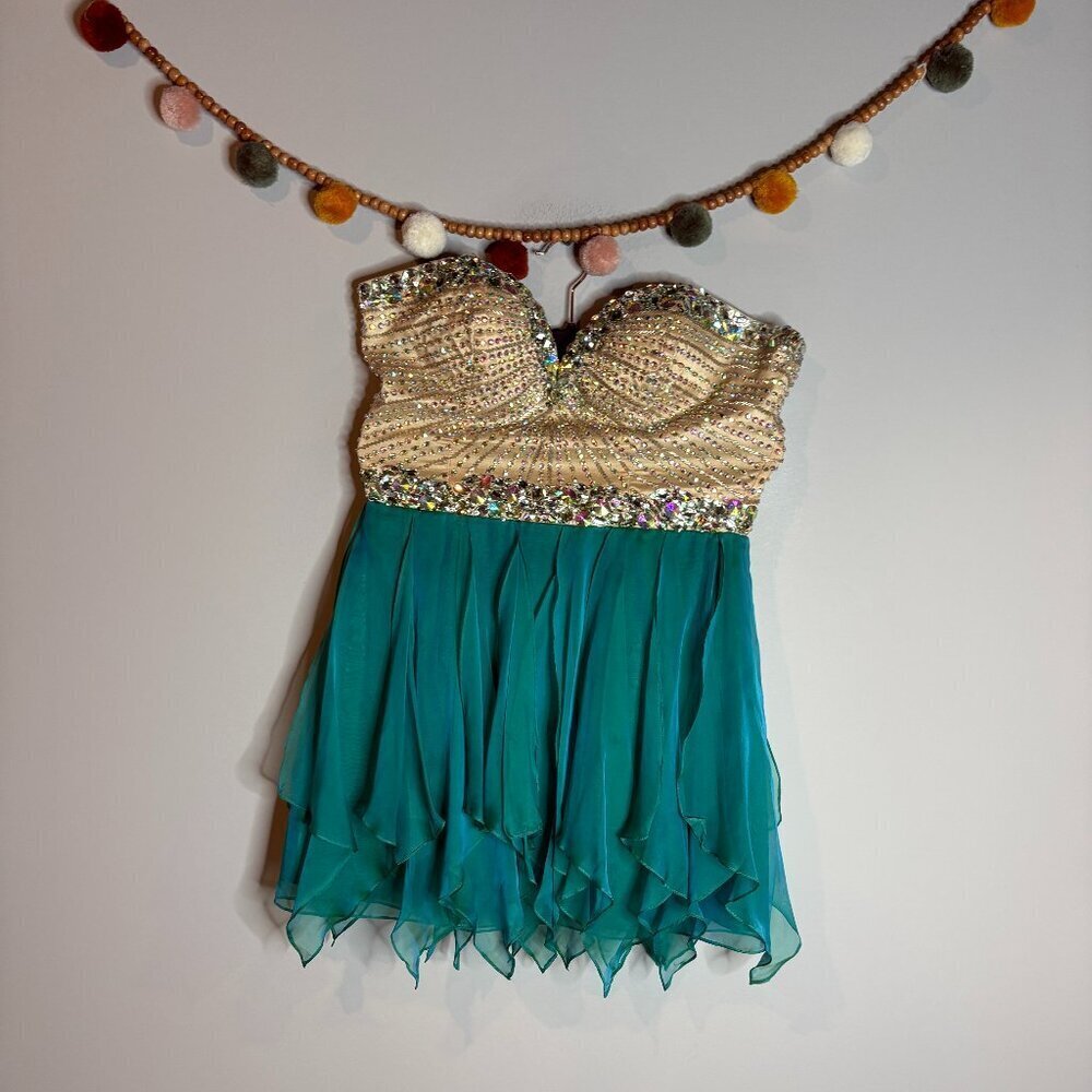 Sherry Hill strapless embellished formal dress Style 1928 in Teal - Picture 2 of 5